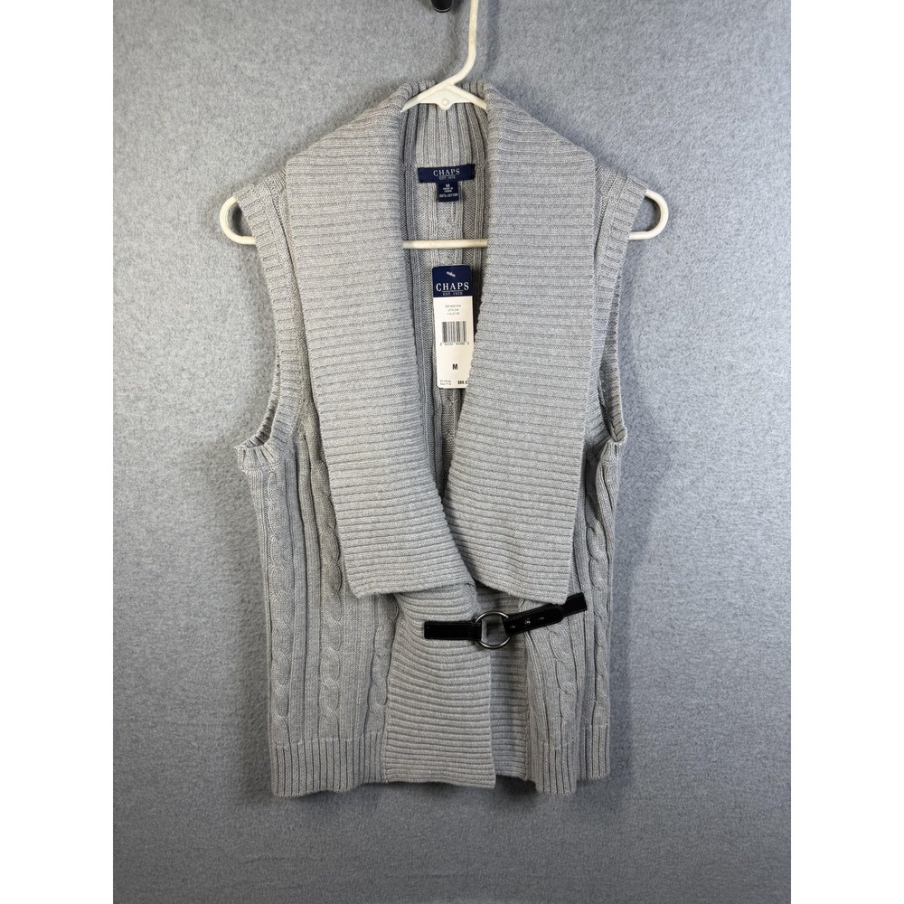 Chaps‎ Sweater Vest Womens Medium Gray Cable Knit Shawl Collar Belted Open Front